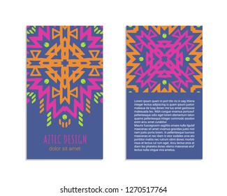 Aztec colorful hand-drawn ornamental card template. American indian leaflet design. Tribal decorative pattern. Ethnic ornate background. Vintage style flyer. EPS 10 vector brochure set. 