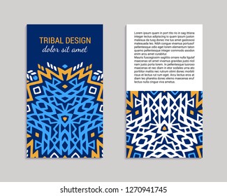 Aztec colorful hand-drawn ornamental card template. American indian leaflet design. Tribal decorative pattern. Ethnic ornate background. Vintage style flyer. EPS 10 vector brochure set. 