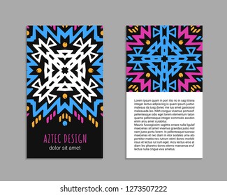 Aztec colorful hand-drawn ornamental card template. American indian leaflet design. Tribal decorative pattern. Ethnic ornate background. Vintage style flyer. EPS 10 vector brochure set. 