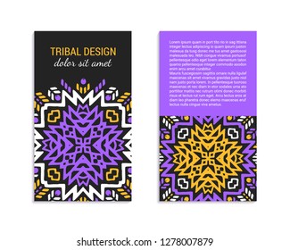 Aztec colorful hand-drawn ornamental card template. American indian leaflet design. Tribal decorative pattern. Ethnic ornate background. Vintage style flyer. EPS 10 vector brochure set. 