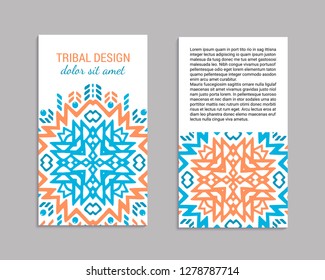 Aztec colorful hand-drawn ornamental card template. American indian leaflet design. Tribal decorative pattern. Ethnic ornate background. Vintage style flyer. EPS 10 vector brochure set. 