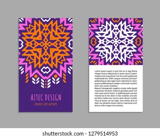 Aztec colorful hand-drawn ornamental card template. American indian leaflet design. Tribal decorative pattern. Ethnic ornate background. Vintage style flyer. EPS 10 vector brochure set. 