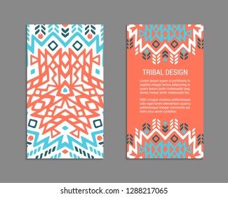 Aztec colorful hand-drawn ornamental card template. American indian leaflet design. Tribal decorative pattern. Ethnic ornate background. Vintage style flyer. EPS 10 vector brochure set. 