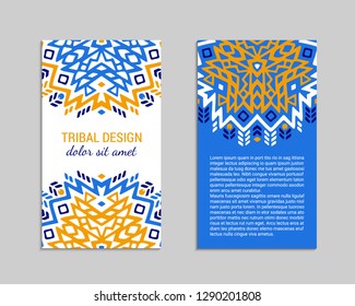 Aztec colorful hand-drawn ornamental card template. American indian leaflet design. Tribal decorative pattern. Ethnic ornate background. Vintage style flyer. EPS 10 vector brochure set. 