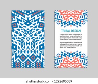 Aztec colorful hand-drawn ornamental card template. American indian leaflet design. Tribal decorative pattern. Ethnic ornate background. Vintage style flyer. EPS 10 vector brochure set. 