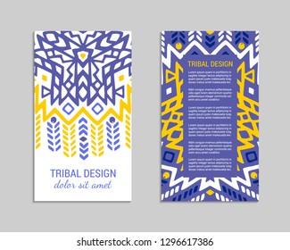 Aztec colorful hand-drawn ornamental card template. American indian leaflet design. Tribal decorative pattern. Ethnic ornate background. Vintage style flyer. EPS 10 vector brochure set. 