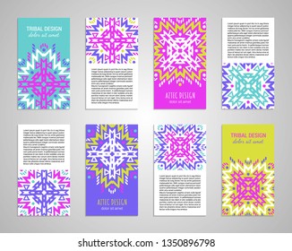 Aztec colorful hand-drawn ornamental card template. American indian leaflet design. Tribal decorative pattern. Ethnic ornate background. Vintage style flyer. EPS 10 vector brochure set. 