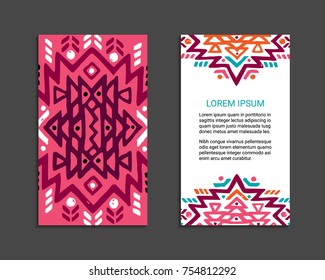 Aztec colorful hand-drawn ornamental card template. American indian leaflet design. Tribal decorative pattern. Ethnic ornate background. Vintage style flyer. EPS 10 vector brochure. 