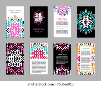 Aztec colorful hand-drawn ornamental card template. American indian leaflet design. Tribal decorative pattern. Ethnic ornate background. Vintage style flyer. EPS 10 vector brochure set. 