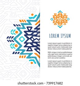 Aztec colorful ornamental card template with grungy texture. American indian leaflet design. Tribal decorative pattern. Ethnic ornate background. Vintage style flyer. EPS 10 vector brochure. 