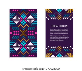 Aztec colorful ornamental vertical card template. American indian leaflet design. Front and back page. Tribal pattern. Ethnic geometric ornate background. Vintage flyer. EPS 10 vector brochure set. 