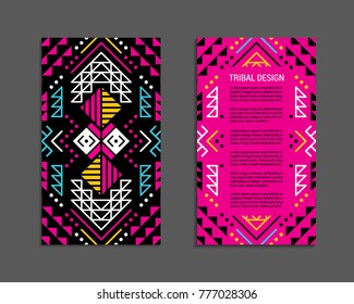 Aztec colorful ornamental vertical card template. American indian leaflet design. Front and back page. Tribal pattern. Ethnic geometric ornate background. Vintage flyer. EPS 10 vector brochure set. 