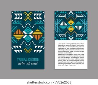 Aztec colorful ornamental vertical card template. American indian leaflet design. Front and back page. Tribal pattern. Ethnic geometric ornate background. Vintage flyer. EPS 10 vector brochure set. 