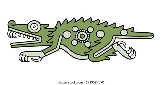 Aztec crocodile symbol, as depicted in Codex Laud in 16th century. Also Cipactli, the first day of Aztec divinatory count. Green crocodile sign, with precious stones on its body. Illustration. Vector.