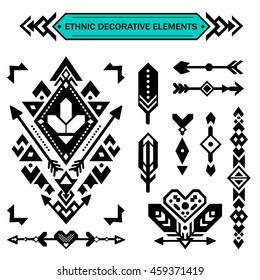 Aztec decorative elements. Ethnic tribal style. Set for design, tattoo, fashion, clothes, banners, posters, cards, backgrounds. Vector isolated print.