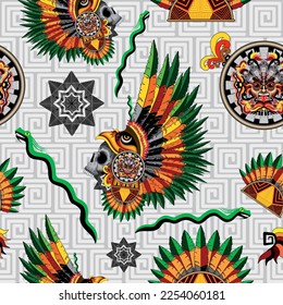 Aztec Eagle Warrior Mask with tribal elements and feathers Crown Decorations Vector Seamless Textile Motive Pattern Design