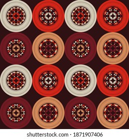 Aztec elements. Polka dots. Seamless pattern. Design with manual hatching. Textile. Ethnic boho ornament. Vector illustration for web design or print.