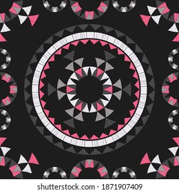 Aztec elements. Polka dots. Seamless pattern. Design with manual hatching. Textile. Ethnic boho ornament. Vector illustration for web design or print.