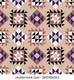 Aztec elements. Shapes made of triangles. Boho texture. Seamless pattern. Textile. Vector illustration for web design or print.