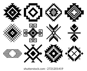 Elementos aztecas, joyas tribales, patrones tribales, símbolos geométricos para tatuajes, logotipos, tarjetas, decoraciones, patrones navajos, aislados sobre un fondo blanco.