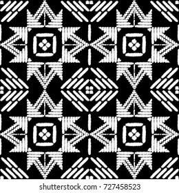 Aztec embroidery pattern design seamless vector. Abstract geometric border texture with stitch boho style. Tribal print with indian, african, native american, peru, chile, mexican ornament motif.