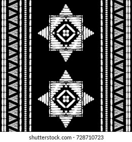 Aztec embroidery pattern design seamless vector. Abstract geometric border texture with stitch boho style. Bohemian print with indian, african, native american, peru, chile, mexican ornament motif.