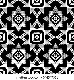 Aztec embroidery pattern design seamless vector. Abstract geometric texture with stitch handmade ornament motif. Ethnic print for boho home decor textile, rug, pillow case, blanket, fashion fabric.