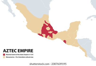 Aztec Empire, map of the Triple Alliance and maximal extent in 1519, before the Spanish arrival (red). Mesoamerica, Pre-Columbian cultural historical area of North America and Central America (beige).