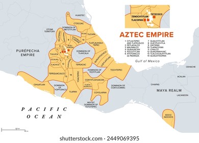 Aztec Empire with tributary provinces, maximum extent of Triple Alliance, history map. Tenochtitlan, Tetzcoco and Tlacopan at the time of Spanish conquest, 1519. With today state and country borders.