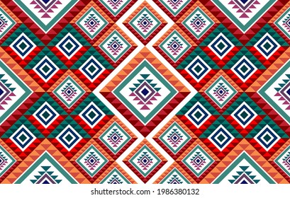 Diseño de patrones sin costuras azteca de etnia africana. Ikat tejido adorno boho nativo tejido de chevron americano patrones de decoración. Ilustraciones de los vectores de bordado geométrico mandala.