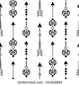 Aztec ethnic arrow ornament seamless vector pattern. Black and white tileable tribal background.