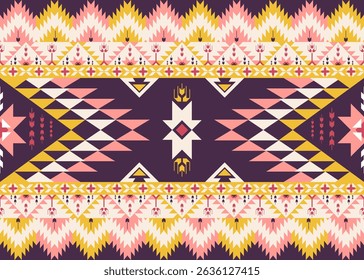 Aztec Ethnic Geometric Motif Ornament Yellow Pink on Dark Purple Background Fabric Print Seamless Pattern Design for background, carpet, wallpaper. clothing, wrapping, batik, fabric, rug, textile