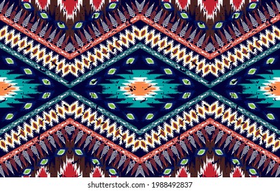 Aztec ethnic Indian seamless pattern design. fabric carpet mandala ornament native boho ikat chevron textile decoration wallpaper. Geometric embroidery African American vector illustrations patterns