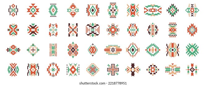 Aztec ethnic motif. Native american geometric pattern, colored mexican tribal art elements for logo tattoo fabric design. Vector isolated set. Colorful ancient culture symbols or ornament