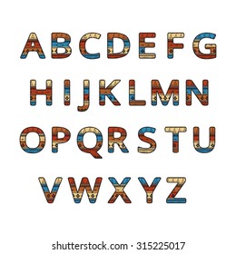 Aztec ethnic ornamental font. Vector english colorful alphabet