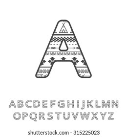 Aztec ethnic ornamental font. Vector english black and white alphabet