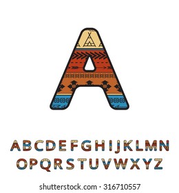 Aztec ethnic ornamental font. Vector english colorful alphabet