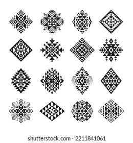 Aztec ethnic ornaments, boho tattoo template collection. Navajo, mexico traditional motif. Isolated tidy tribal geometric vector design elements