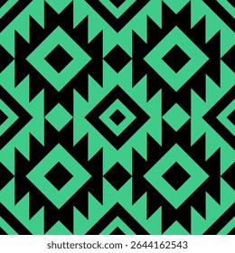 Aztec Ethnic square black green cubic geometric abstract pattern.Seamless Embroidery style.Design for background wallpaper,clothing,wrapping,fabric,cover,textile,print.Tribal motif.vector illustration