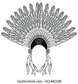Aztec, ethnic style headdress with decorative and plain feathers, beads symbolizing native  American warrior, tribes culture in black and white with decorative ornaments 
