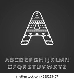 Aztec Ethnic Tribal Ornamental Font. Vector English Black And White Alphabet