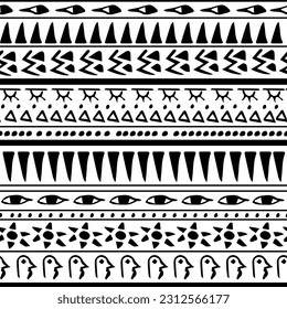 Aztec ethnic vector seamless pattern black-white color Egyptian hieroglyphs. Geometric repeat background