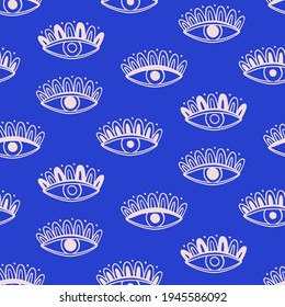 Aztec Evil eyes seamless pattern in blue, salmon color. Mediterranean geometric Boho style, magic, occult symbol decor element. Contemporary modern trendy fabric, textile design, vector background