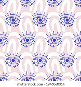 Azteca Ojos malvados patrón sin fisuras en azul, color salmón. Estilo geométrico mediterráneo de Boho, magia, símbolo oculto de decoración. Tejidos modernos y contemporáneos, diseño textil, fondo vectorial