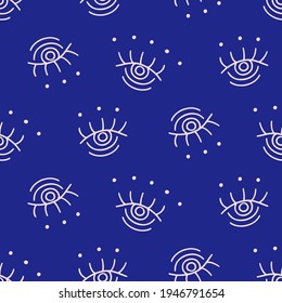 Aztec Evil eyes seamless pattern in blue, salmon color. Mediterranean geometric Boho style, magic, occult symbol decor element. Contemporary modern trendy fabric, textile design, vector background