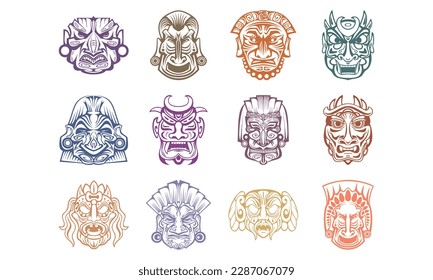 Ilustración de vectores de máscaras faciales aztecas. Máscara Maya antigua
