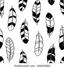 Aztec feathers seamless pattern. Tribal ornament. Ethnic theme. Seamless background in black and white. Adult coloring book page design. Vector illustration