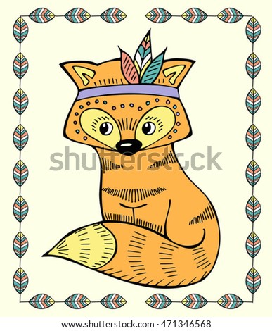Aztec fox, native american print, animal illustration. Boho fox and feather wreath in hand drawn style. Tribal, ethnic boho chic inspirational vector illustration