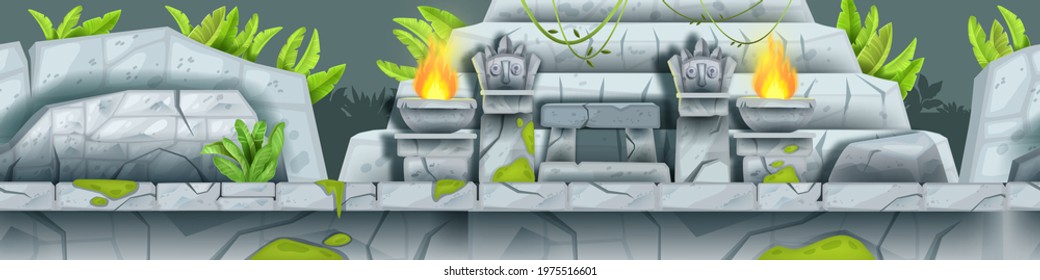 Aztec game seamless level landscape, jungle maya temple ruin background, stone totem face, fire. Ancient Mexican horizontal loopable banner, tropical leaf, rocks. Nature cartoon game forest landscape