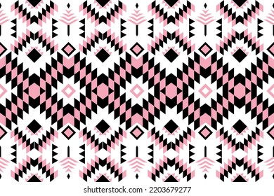 Aztec geo pattern. Native design for fabric print. Seamless fabric pattern black pink geometric Aztec style. African Moroccan pattern. Ethnic carpet. Majolica. Asian rug. Tribal vector ornament. 